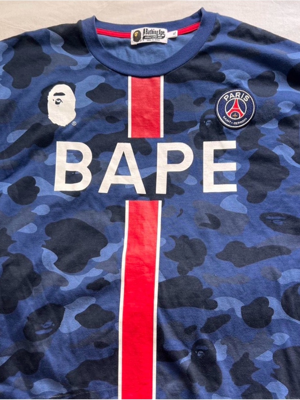 BAPE Men’s Blue Camo PSG Logo T-Shirt with Red Stripe